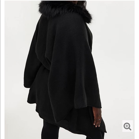 BLACK FAUX FUR COLLAR SELF TIE RUANA - Picture 2 of 4